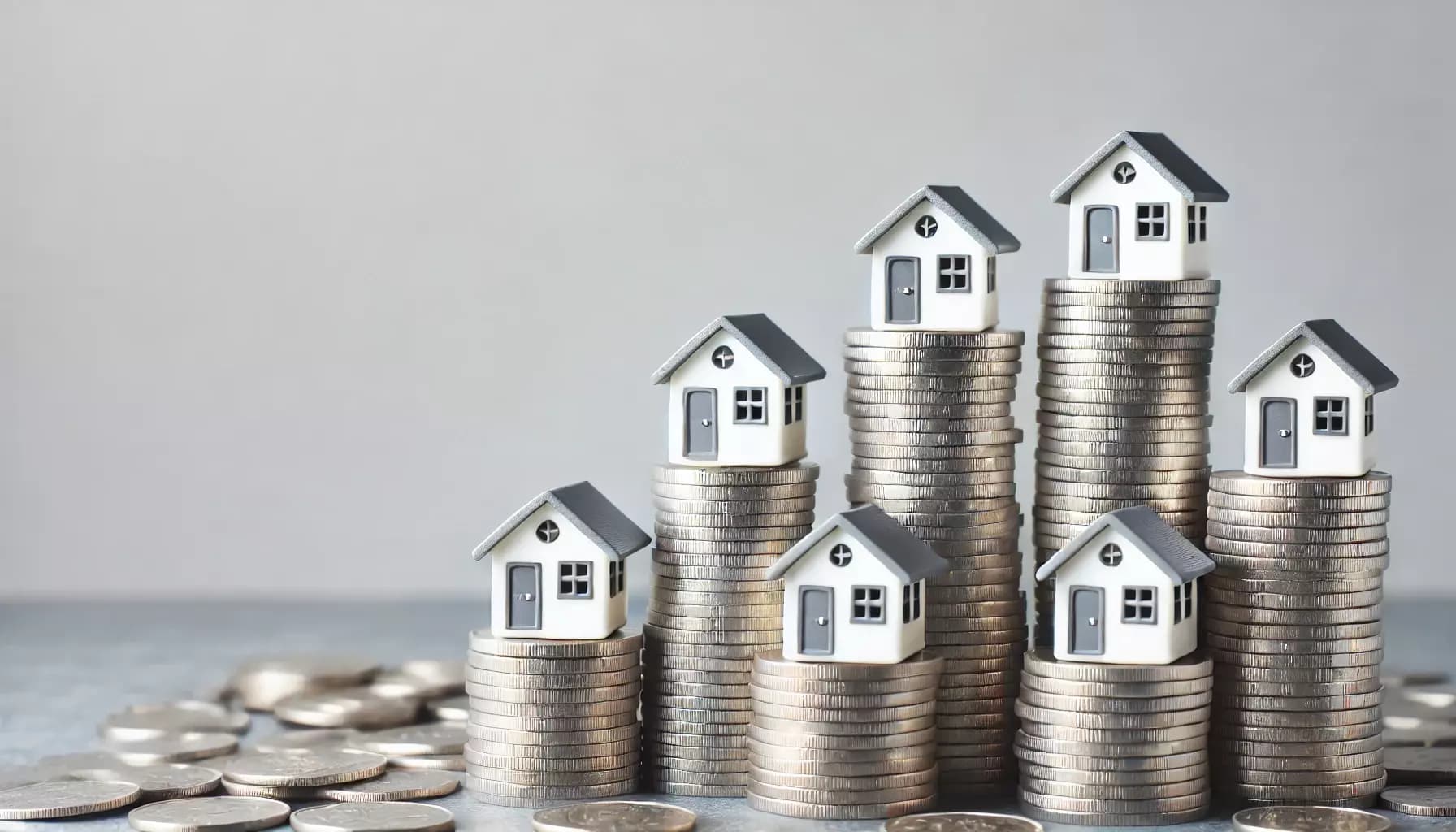 Piles de pièces surmontées d'une maison miniature symbolisant le financement d'un investissement locatif